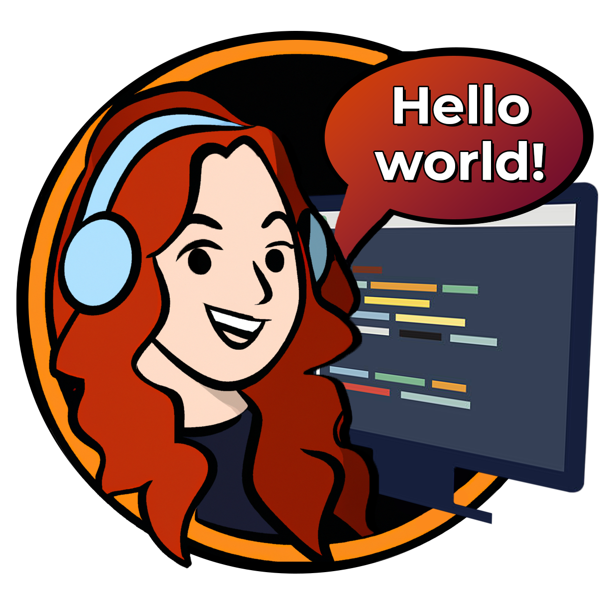 cartoon-like rendering of a woman with red wavy hair at a computer saying 'Hello world!'